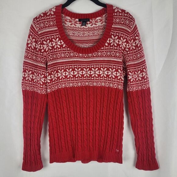 Tommy Hilfiger Womens Fair Isle Cable Knit Sweater Size XL Red Nordic Preppy - Picture 1 of 7